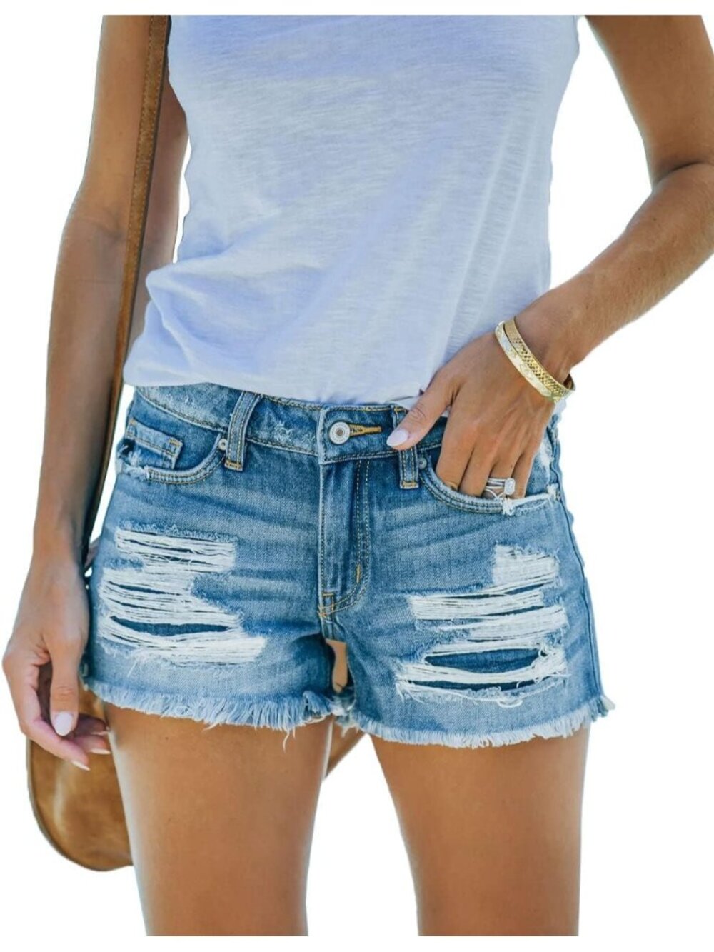 Women's Blue Ripped Denim Short Comfortable Mid Rise Summer Hot Short Jeans